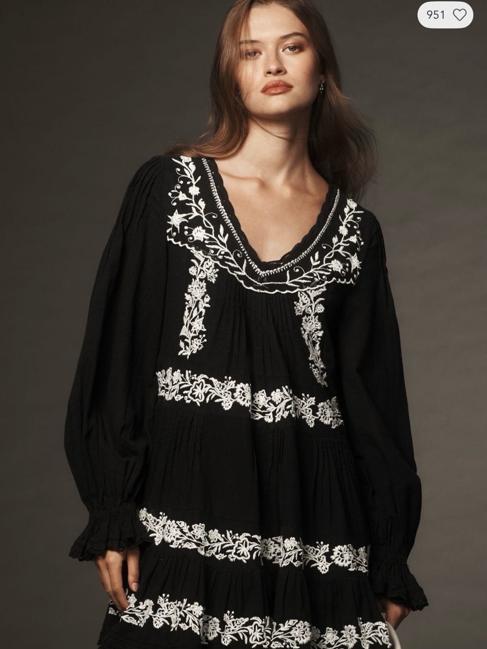 Anthropologie Black Mini Dress with White Floral Embroidery